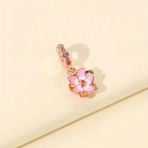 Cute Pink Flower Enamel Floral Rhinestone Pendant Goldtoned Necklace